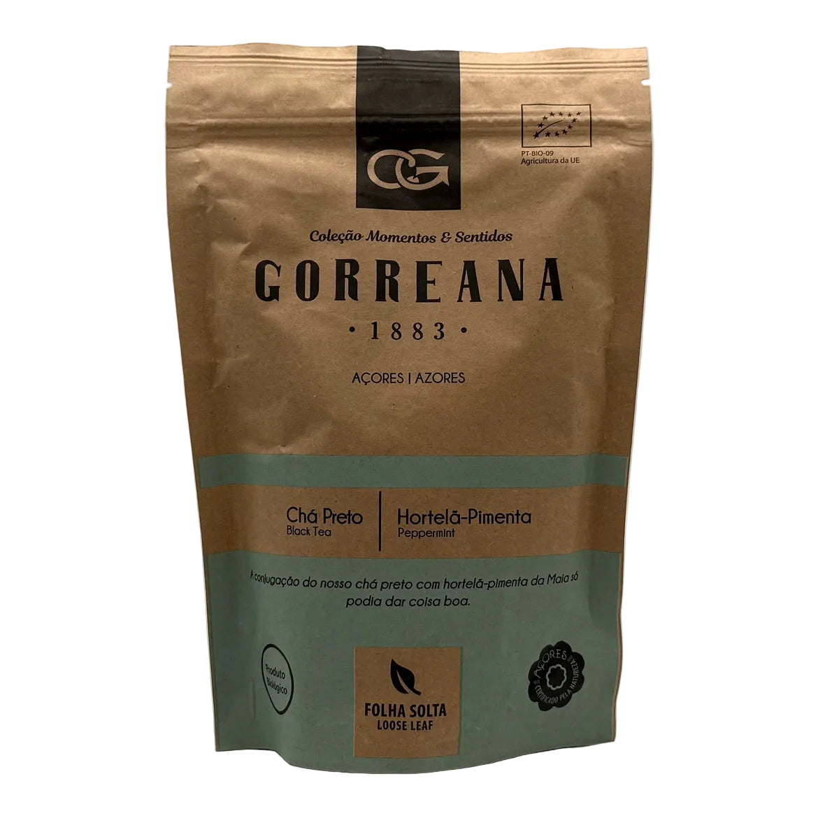 Chá preto broken leaf com hortelã e pimenta em folha 80g Gorreana produzido em São Miguel Açores