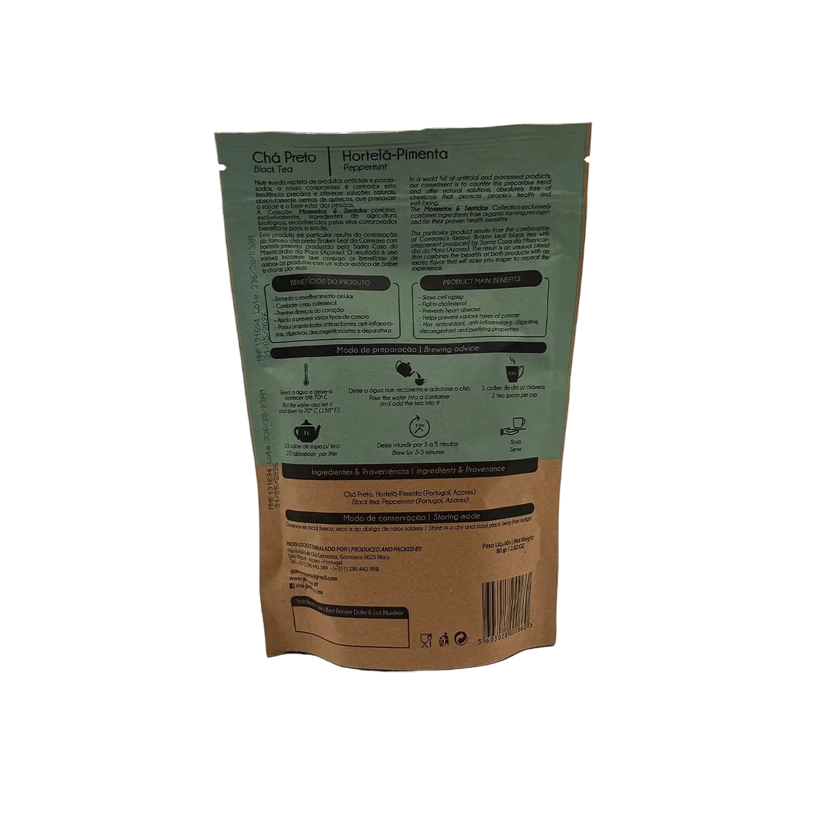Chá preto broken leaf com hortelã e pimenta em folha 80g Gorreana produzido em São Miguel Açores