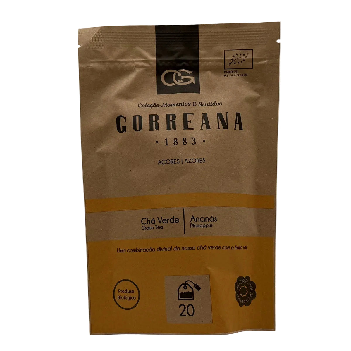 Chá verde com ananás 40g 20 saquetas Gorreana produzido nos Açores