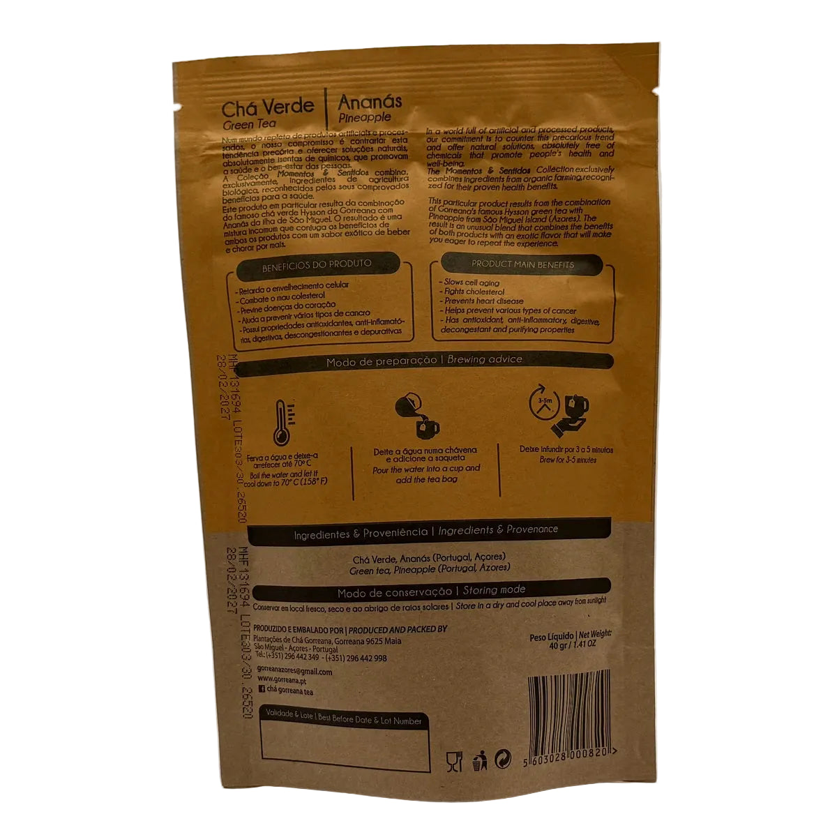 Chá verde com ananás 40g 20 saquetas Gorreana produzido nos Açores