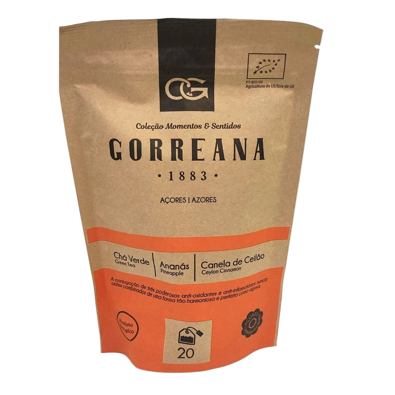 Chá verde com ananás e canela Ceilão 40g 20 saquetas Gorreana produzido nos Açores