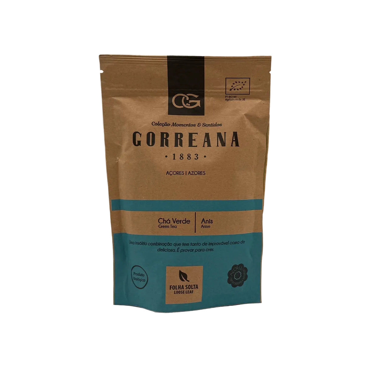 Chá verde com anis em folha 80g Gorreana produzido em São Miguel Açores