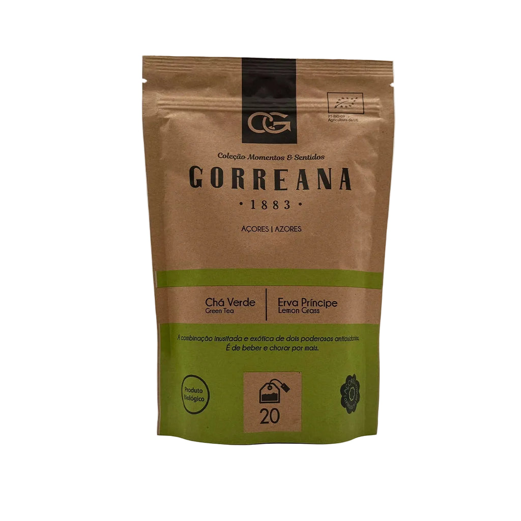 Chá verde com erva príncipe 20 saquetas Gorreana produzido em São Miguel Açores