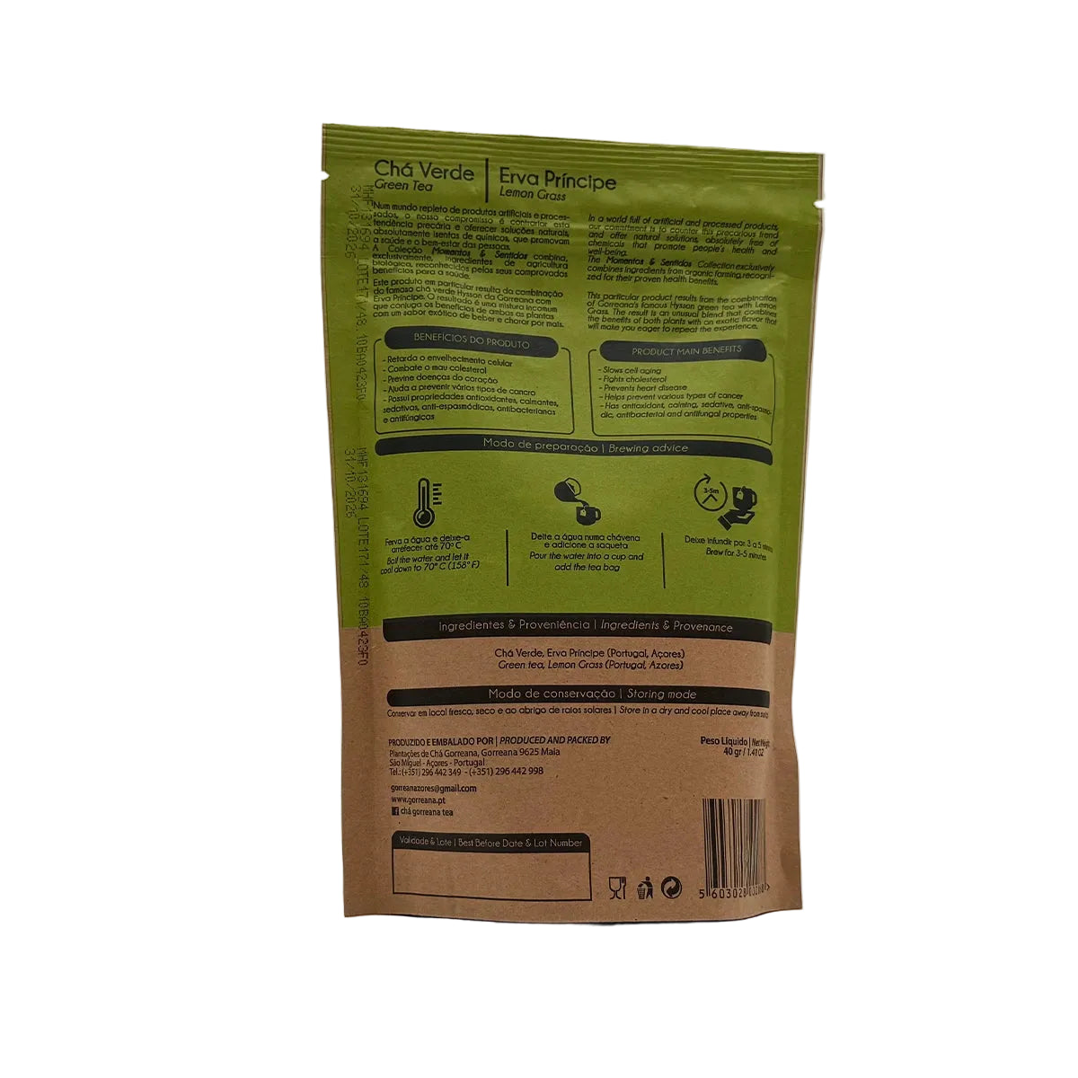 Chá verde com erva príncipe 20 saquetas Gorreana produzido em São Miguel Açores