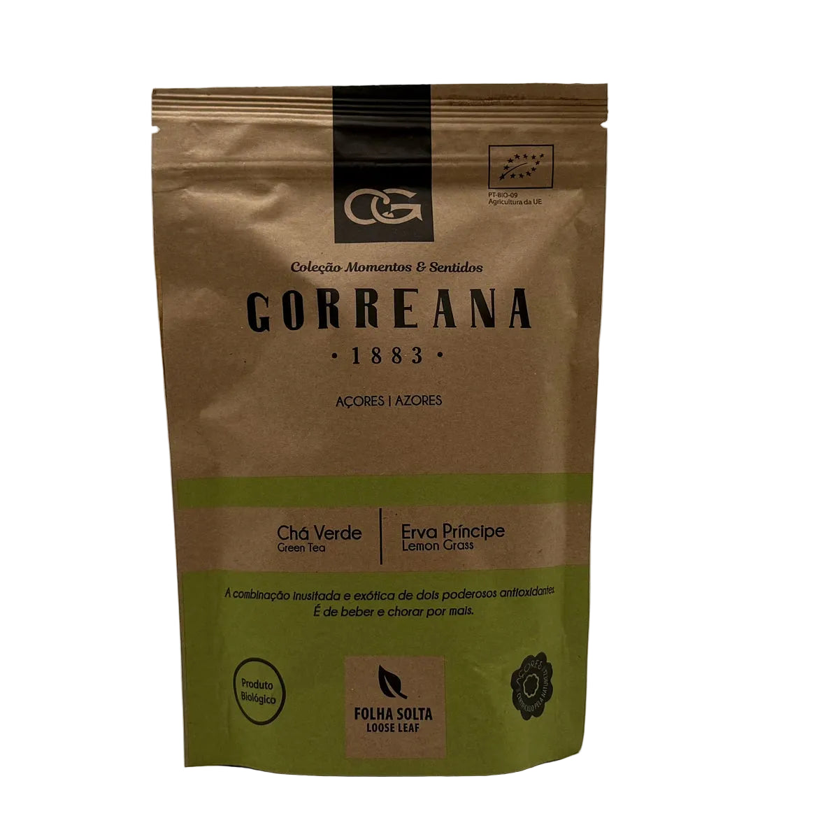 Chá verde com erva príncipe em folha 80g Gorreana produzido em São Miguel Açores