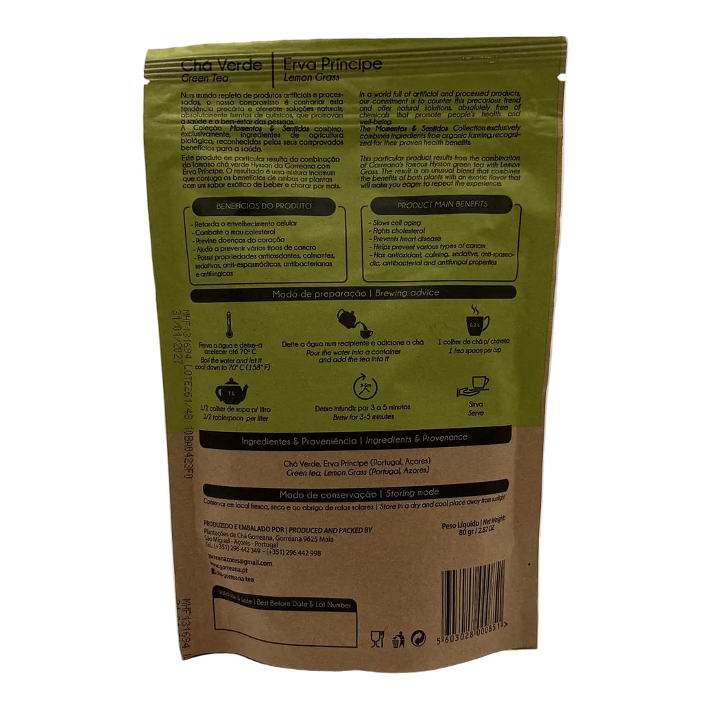 Chá verde com erva príncipe em folha 80g Gorreana produzido em São Miguel Açores