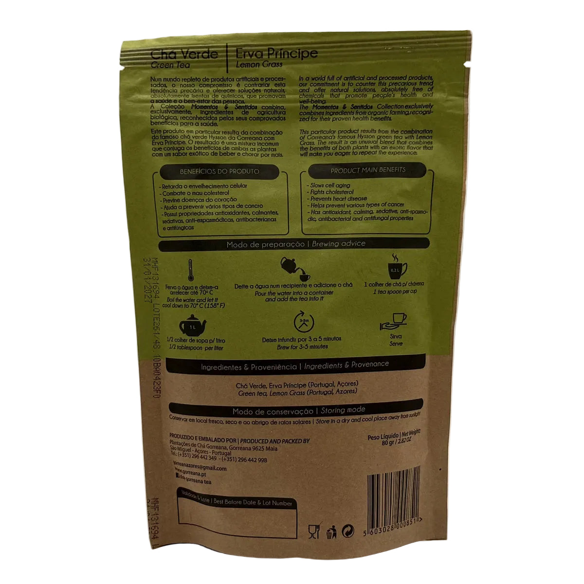 Chá verde com erva príncipe em folha 80g Gorreana produzido em São Miguel Açores