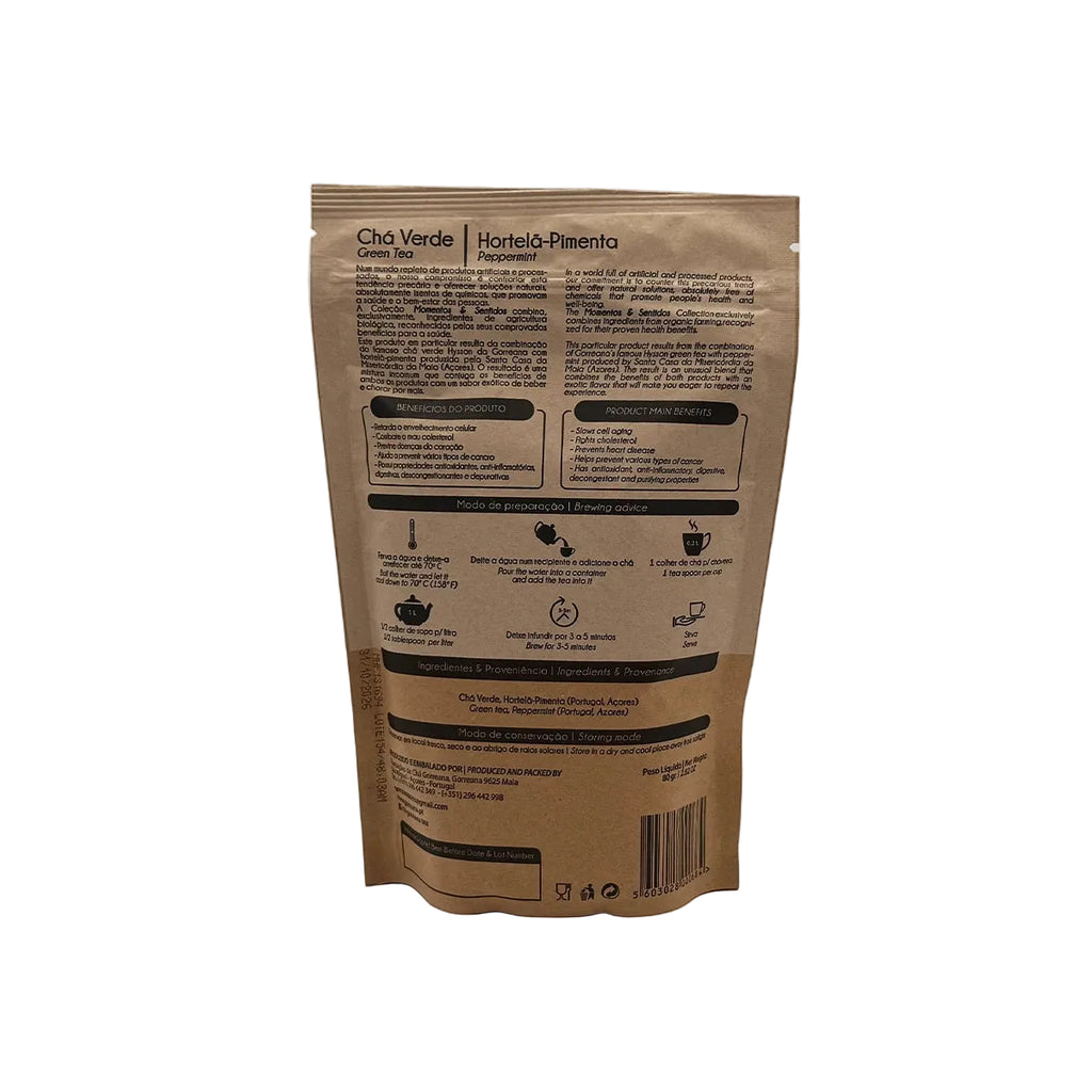 Chá verde com hortelã e pimenta em folha 80g Gorreana produzido em São Miguel Açores