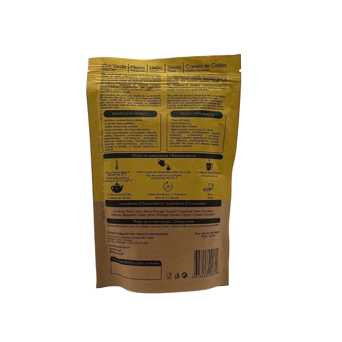 Chá verde com menta limão stevia e canela de Ceilão em folha 80g Gorreana produzido em São Miguel Açores