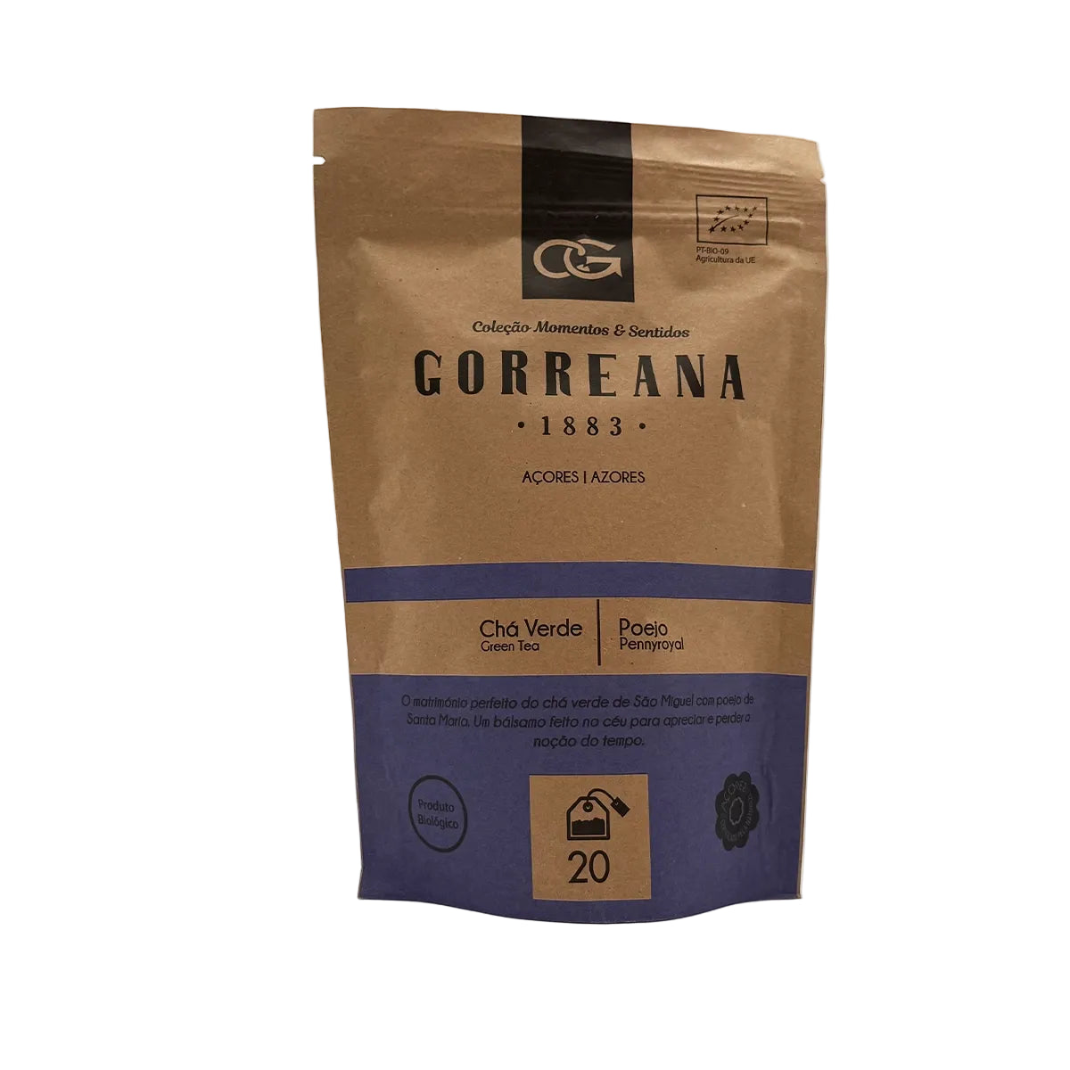 Chá verde com poejo 20 saquetas Gorreana produzido em São Miguel Açores