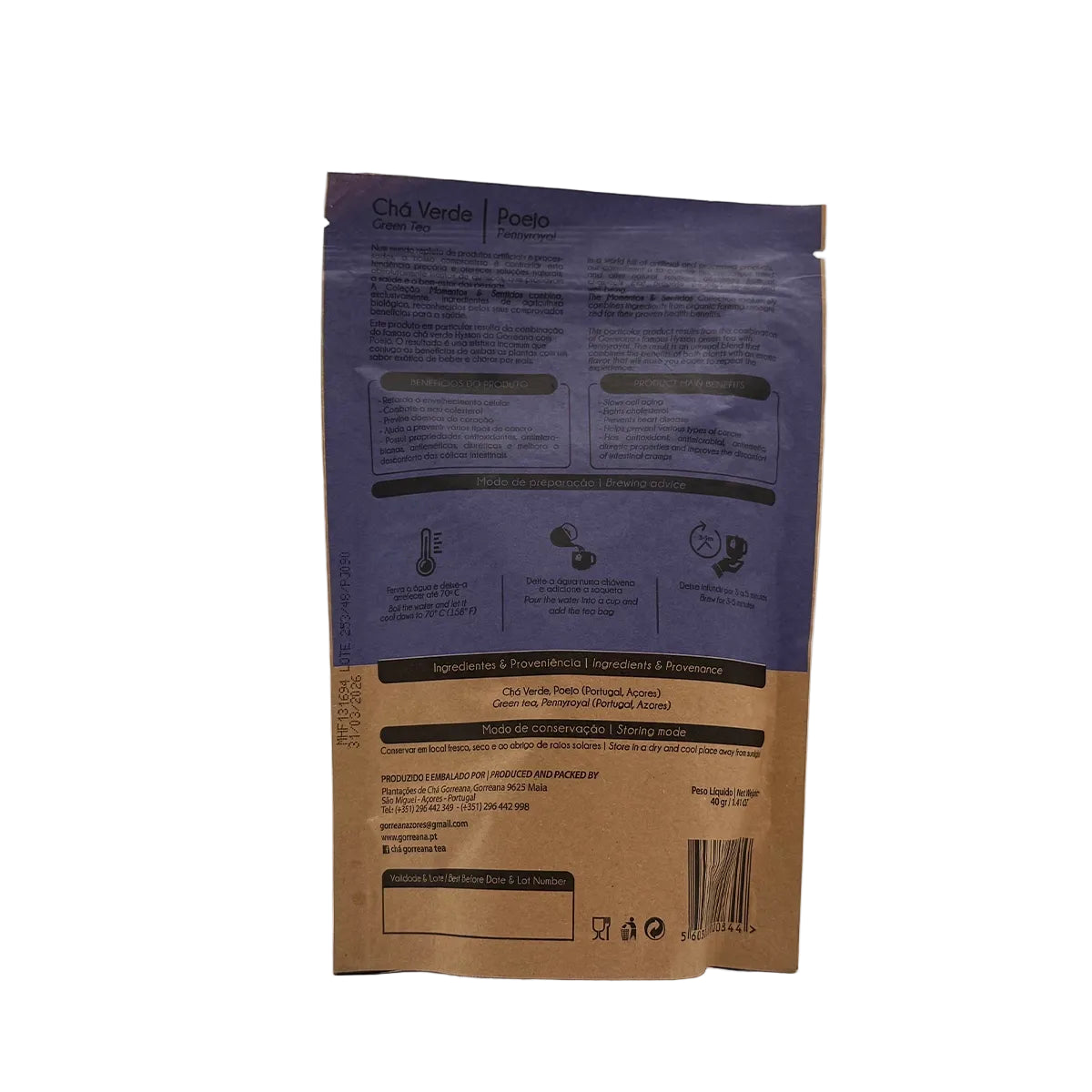 Chá verde com poejo 20 saquetas Gorreana produzido em São Miguel Açores