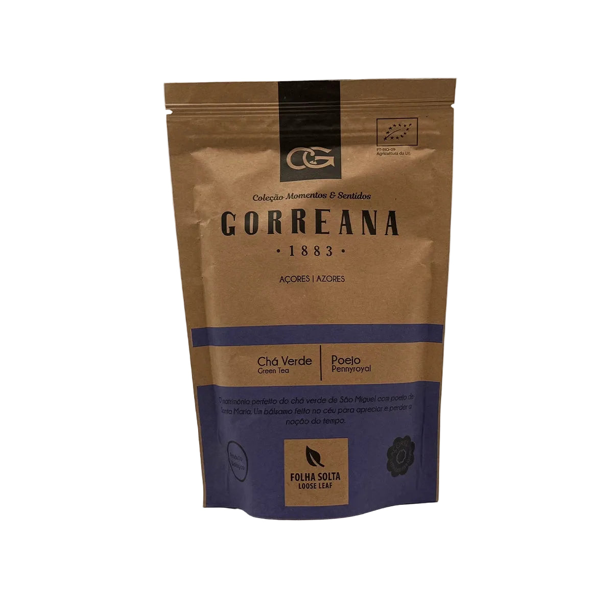 Chá verde com poejo em folha 80g Gorreana produzido em São Miguel Açores