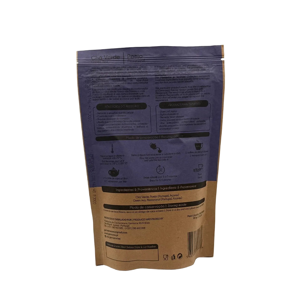Chá verde com poejo em folha 80g Gorreana produzido em São Miguel Açores
