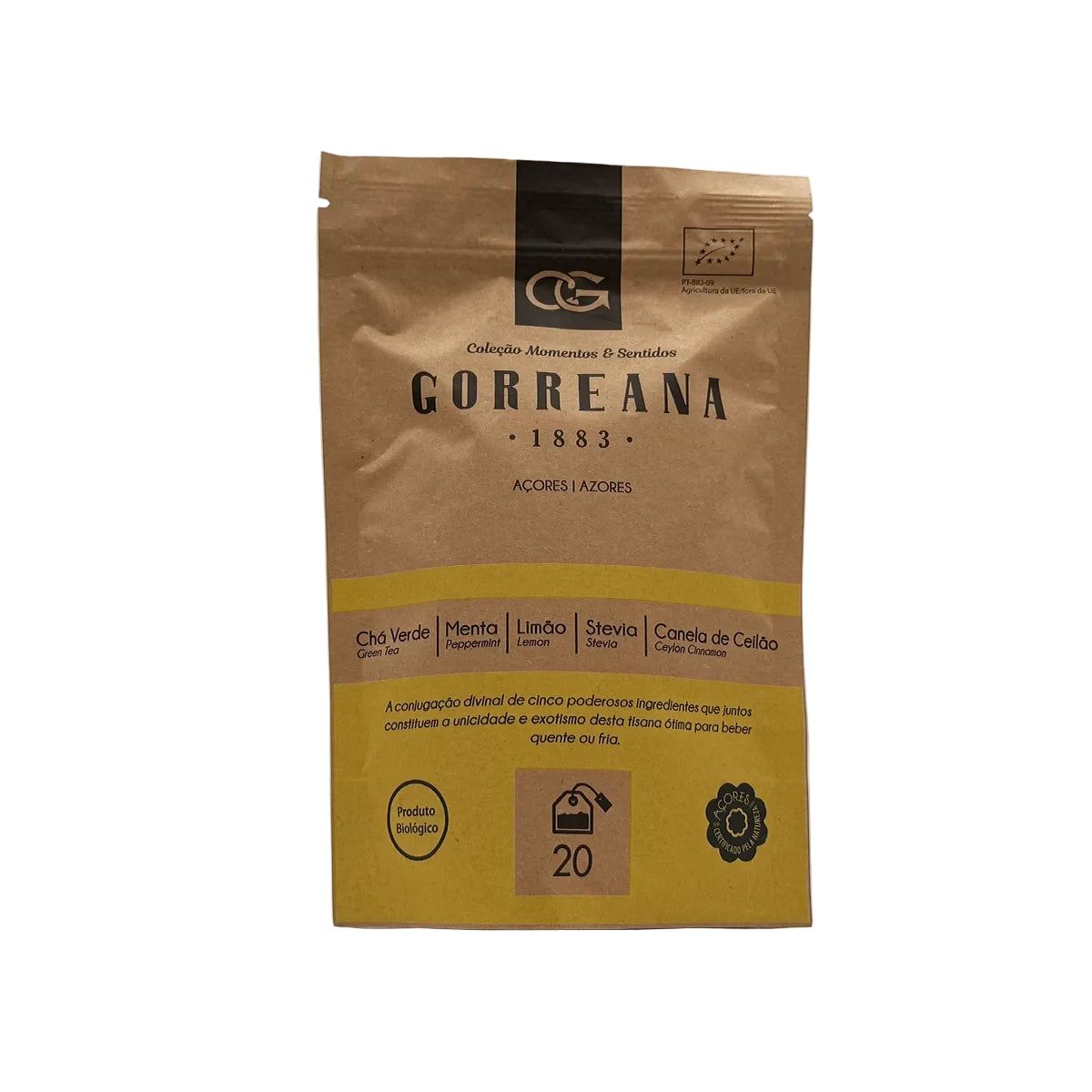Chá verde com menta limão stevia e canela de Ceilão 40g 20 saquetas Gorreana produzido nos Açores