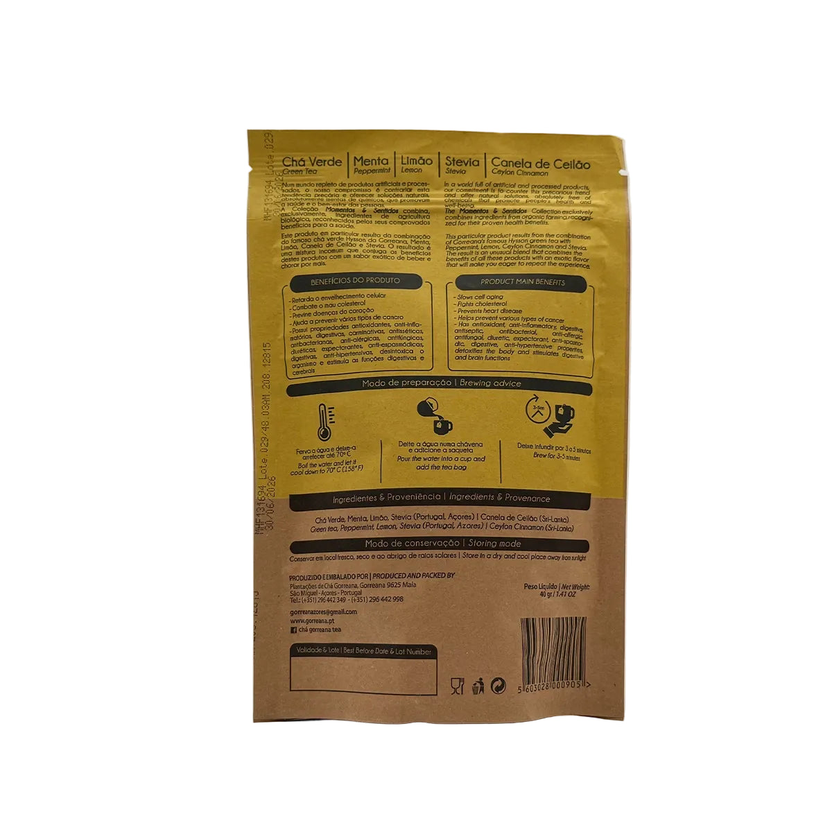 Chá verde com menta limão stevia e canela de Ceilão 40g 20 saquetas Gorreana produzido nos Açores